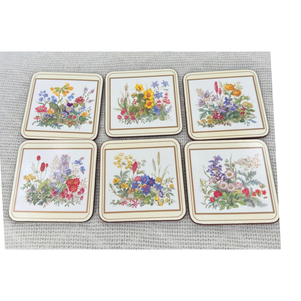 Pimpernel Coasters Vintage Meadow Flowers Botanical Cork Back Set of 6 England